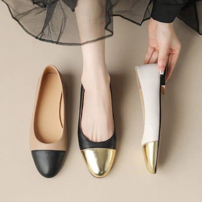 Black and gold metallic toe ballet flats with beige and white options, elegant and stylish footwear from Monalisa Medical store.