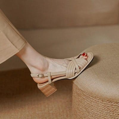 Comfortable beige heeled sandal with ankle strap and open toe, stylish footwear for women available at Monalisa Store.