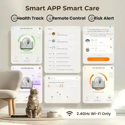 Smart pet litter box with app control, health tracking, and automatic cleaning features for cats, offering convenience and monitoring for pet owners.