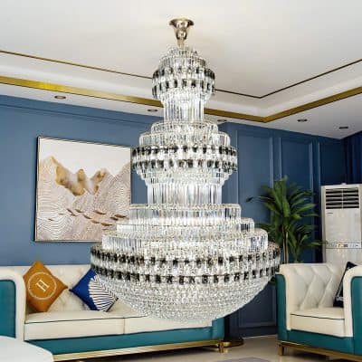 Luxurious crystal chandelier in elegant living room, showcasing opulent lighting fixtures and stylish decor. Monalisa Store offers premium chandeliers and lighting solutions for sophisticated interiors.
