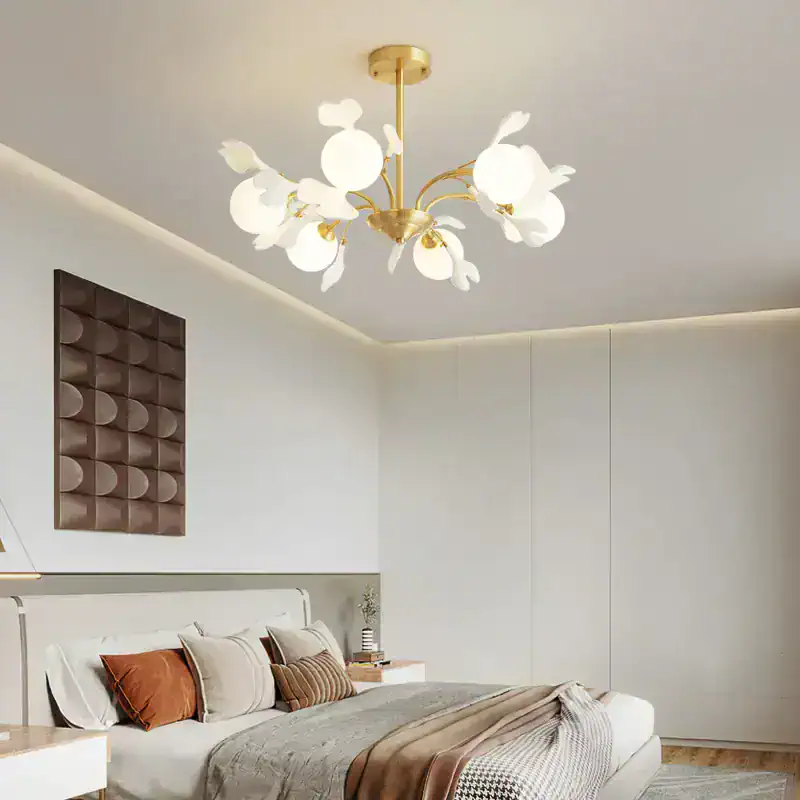 Modern bedroom with elegant lighting, neutral color palette, and stylish decor, perfect for luxury accommodations and comfortable living.