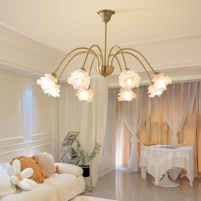 Stylish modern chandelier with floral lamp shades in a cozy living room luxurious interior decor with elegant curtains and plush cushions bright, inviting ambiance perfect for home or medical clinic waiting area.