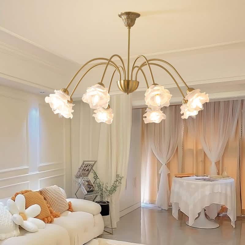 Stylish modern chandelier with floral lamp shades in a cozy living room luxurious interior decor with elegant curtains and plush cushions bright, inviting ambiance perfect for home or medical clinic waiting area.