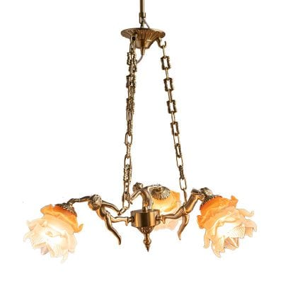 Antique gold chandelier with floral glass shades, vintage style lighting fixture for elegant interior decor.