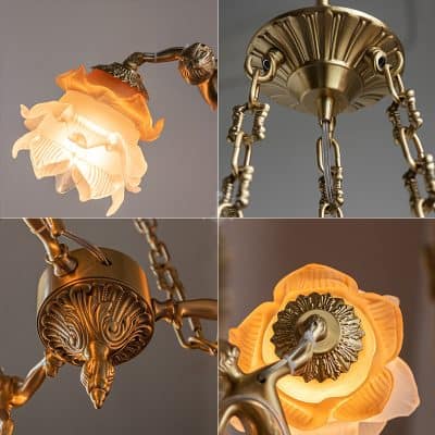 Ornate vintage chandelier with floral glass shades and antique brass finish, ceiling light fixture with chain suspension, perfect for elegant living rooms or dining areas.