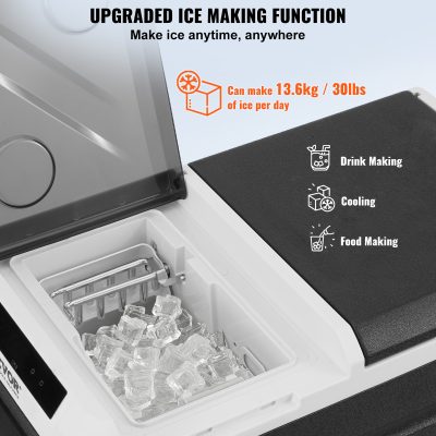 Ice maker with upgraded functionality capable of producing 13.6kg (30lbs) of ice daily, ideal for drink, food, and cooling applications, featuring easy ice making anytime anywhere.