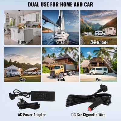 AC power adapter and DC car cigarette wire for dual-use portable power solutions for home and vehicle applications.