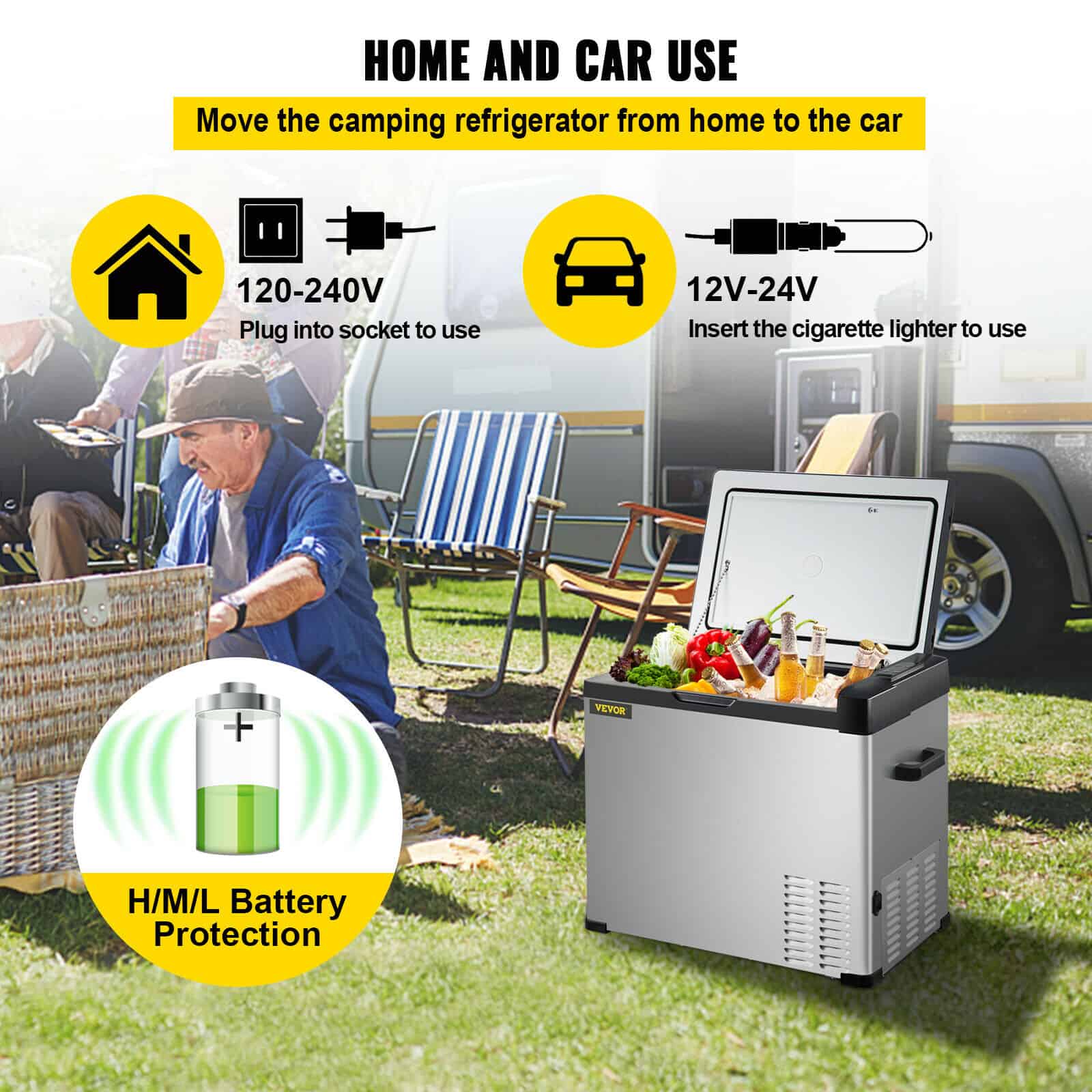 Refrigerator for camping, portable cooler, outdoor mini fridge, battery-protected portable refrigerator, 12V/24V car fridge for travel, Monalisa Store outdoor cooling solutions.
