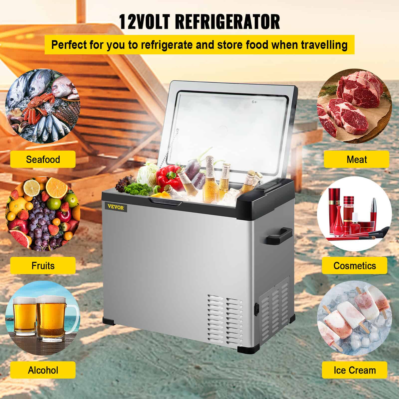 Vacuum insulated refrigerator for food storage on the beach, perfect for travel, camping, and outdoor adventures.