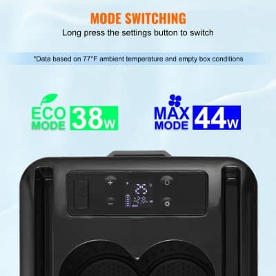 38W eco mode and 44W max mode portable air purifier with digital display and touch controls for indoor air quality improvement.
