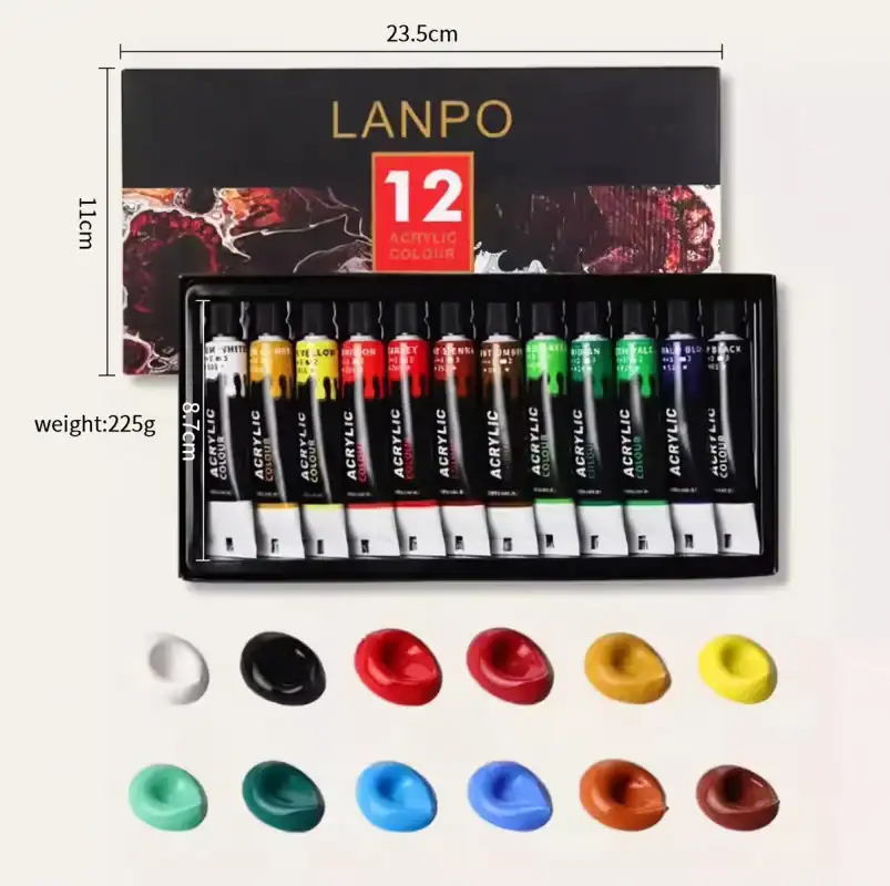 Gouache paint set with 12 vibrant colors in black box, perfect for art projects, illustrations, and crafts, featuring high-quality pigments and smooth consistency for artists and hobbyists.