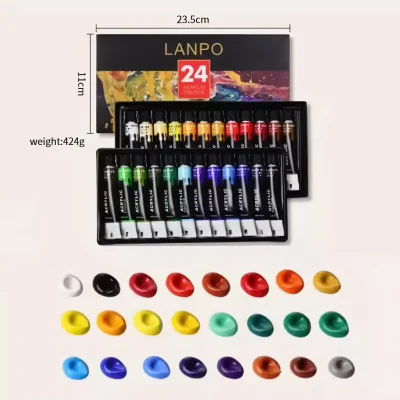Vibrant acrylic paint set featuring 24 colors in a black storage case, ideal for artists and DIY projects. Includes a palette knife and 473g weight for versatile painting applications.