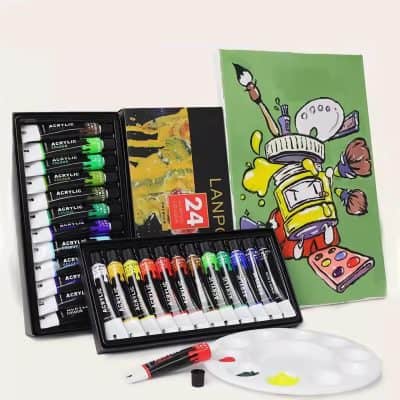 Vibrant set of acrylic paint tubes with brushes, displayed alongside a colorful cartoon art piece, emphasizing artistic supplies and creative expression at Monalisa Store.