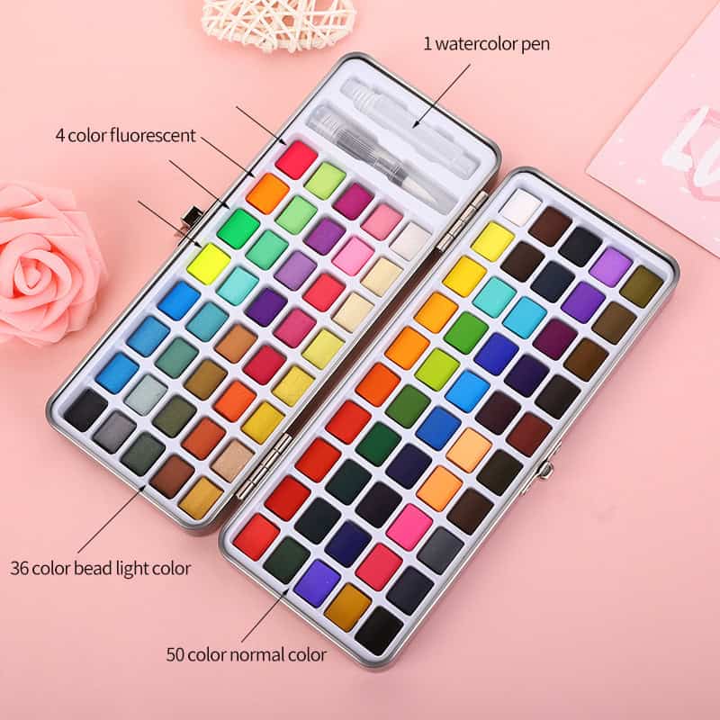 Watercolor nail art set with colorful paints and brushes for professional and at-home manicure decoration.
