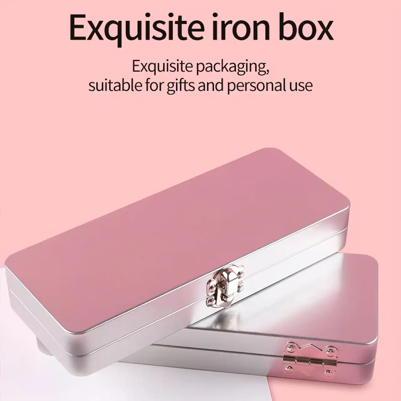 Shiny pink and silver iron storage box with secure latch, ideal for gifting and personal use.