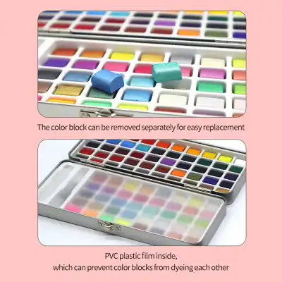 Colorful watercolor paint sets with removable color blocks and PVC plastic film to prevent dye transfer, ideal for professional and hobbyist artists.