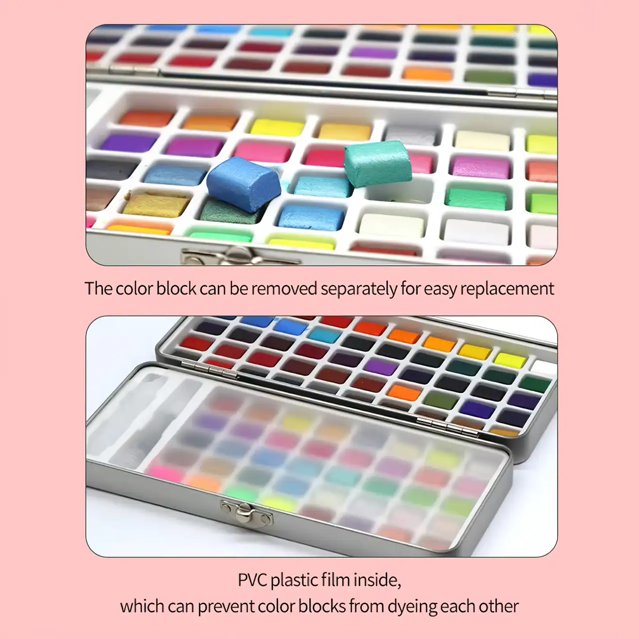 Colorful watercolor paint sets with removable color blocks and PVC plastic film to prevent dye transfer, ideal for professional and hobbyist artists.