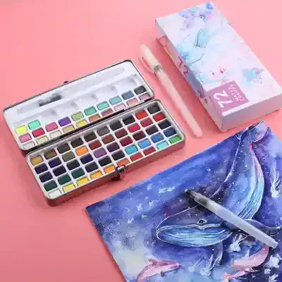Soft pastel watercolor set with 72 vibrant colors, perfect for artistic painting and creative projects. Comes with brushes, a waterproof pen, and whale-themed artwork on textured paper. Suitable for all skill levels.
