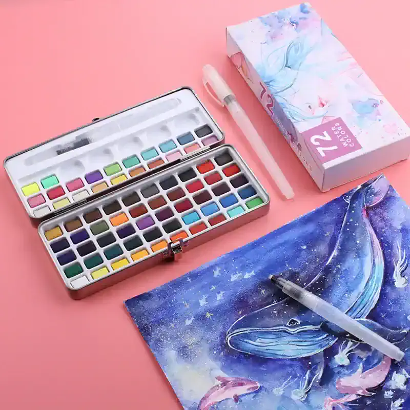 Soft pastel watercolor set with 72 vibrant colors, perfect for artistic painting and creative projects. Comes with brushes, a waterproof pen, and whale-themed artwork on textured paper. Suitable for all skill levels.