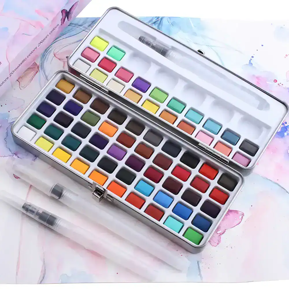 Vibrant watercolor palette with 60 color shades in metal tin case for artists and cosmetics.