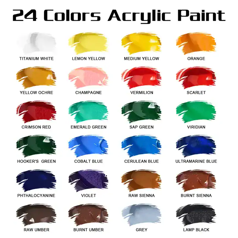 Bright acrylic paint swatches featuring 24 vibrant colors for art and crafting projects.