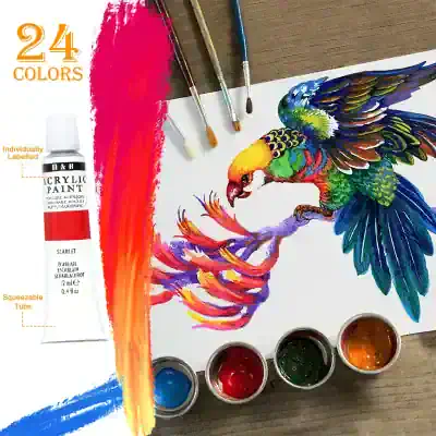 Vibrant watercolor of a colorful parrot on paper with paintbrushes and acrylic paints, showcasing artistic skills and creativity.
