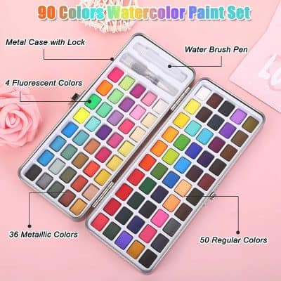 Vibrant watercolor paint set with 90 colors, metal case, lock, and water brush pen, ideal for arts and crafts, painting, and creative projects.
