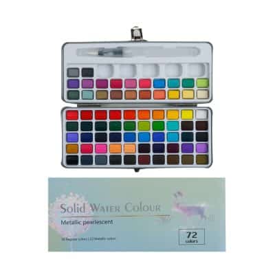 Vibrant watercolors palette with 72 metallic pearlescent colors for artistic and cosmetic applications.