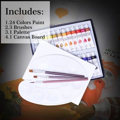 24 vibrant acrylic paint colors with brushes, palette, and canvas board for professional and hobby artwork. Ideal for artists seeking quality art supplies for creating stunning paintings and crafts.