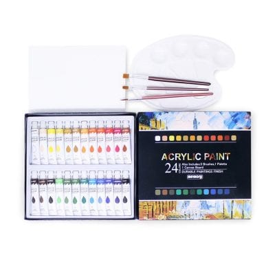 Vivid acrylic paint set with 24 colors, brushes, palette, and canvas for artistic projects and creative painting. Perfect for artists and hobbyists looking for high-quality art supplies.