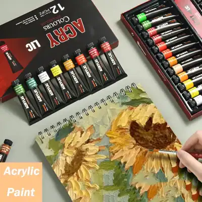 Acrylic paint tubes in vibrant colors, set on a palette with a floral painting in progress, featuring a sunflower; ideal for oil and acrylic painting art supplies from Monalisa Store.