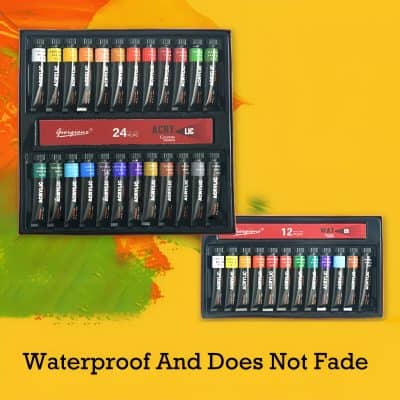 Open paint set with vibrant acrylic paints in tubes, waterproof and fade-resistant, ideal for artistic projects and creative expressions.