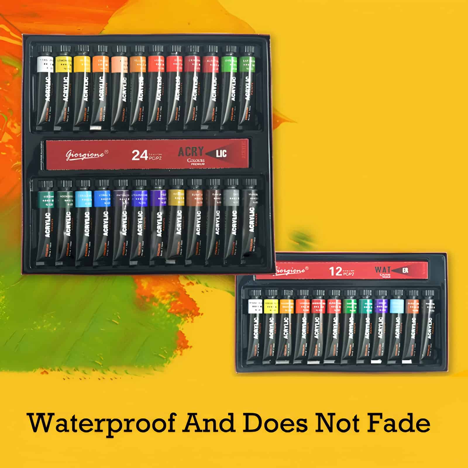 Open paint set with vibrant acrylic paints in tubes, waterproof and fade-resistant, ideal for artistic projects and creative expressions.
