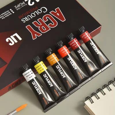 AcryliColor professional acrylic paint set for artists, with vibrant colors including Yellow, Orange, Crimson, and Burnt Sienna, suitable for various creative projects and crafts.