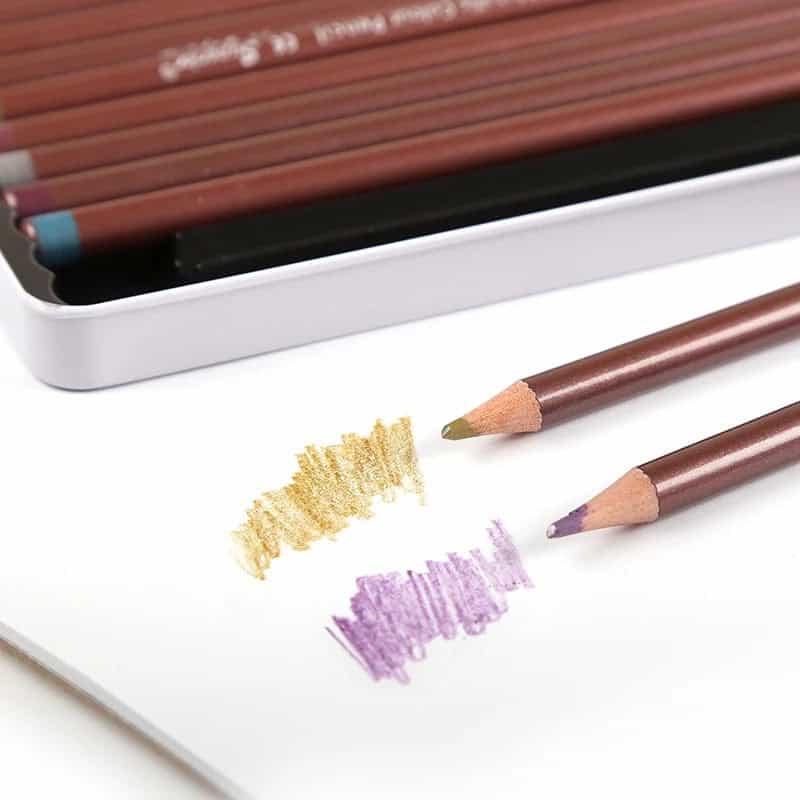 Vibrant colored pencils with swatches on white paper, showcasing Monalisa Medical's premium optometry products and accessories for eye care.