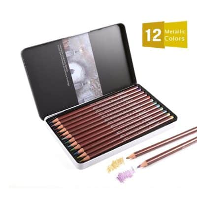 Premium metallic colored colored pencils set in luxurious metal box, ideal for art projects and creative expression, available at Monalisa Store.