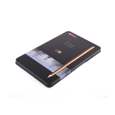 Gray metallic pencils packaging box with a gold pencil from Monalisa Store, perfect for opticians and eyewear professionals.