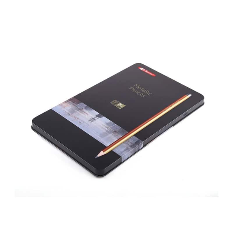 Gray metallic pencils packaging box with a gold pencil from Monalisa Store, perfect for opticians and eyewear professionals.