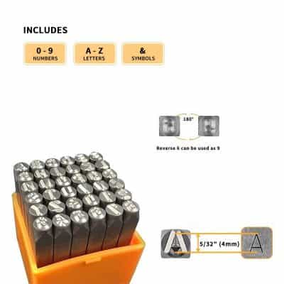 Precision metal alphabet and number stamps set for jewelry and craft engraving, including symbols, A-Z letters, and numerals in an orange container.