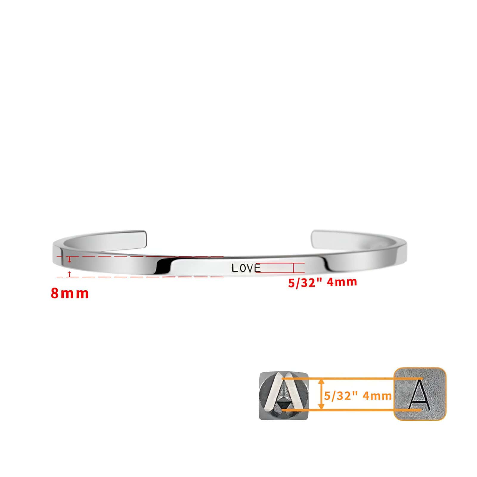 Elegant silver "LOVE" engraved bracelet with precise measurements, perfect for jewelry enthusiasts and gift buyers interested in stylish, high-quality accessories.