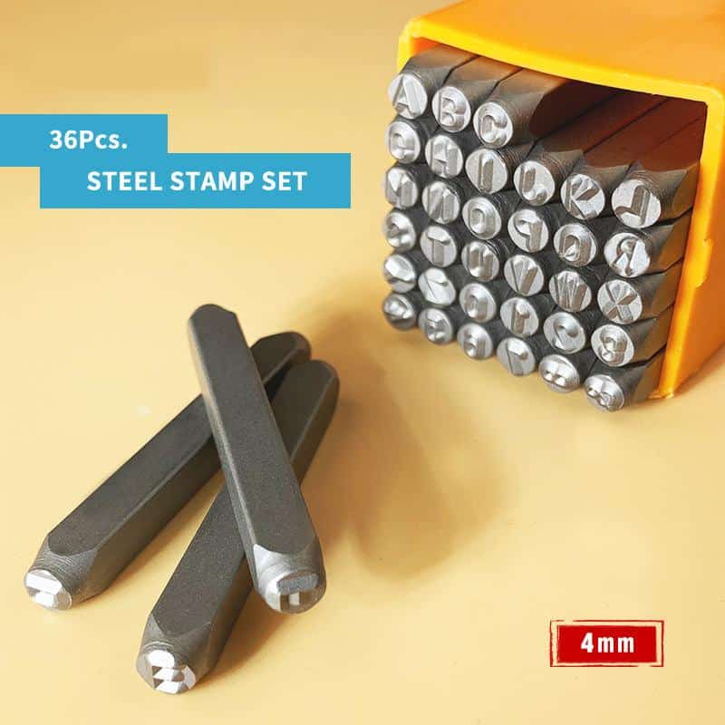 Steel stamp set for metal engraving and crafting, 36 pieces, 4mm size, durable steel construction from Monalisa Store.
