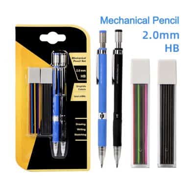 Mechanical pencil set for precise drawing, writing, and sketching; includes 2.0mm HB leads, graphite, and colorful refills, ideal for students, artists, and professionals.