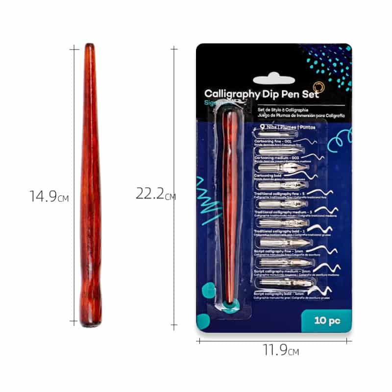 Calligraphy dip pen set with wooden handle and interchangeable nibs for art and calligraphy projects, designed for precise ink flow and smooth writing.