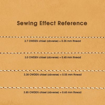 2. Close-up of sewing effect reference stitches with various OWDEN chisel sizes and threads, suitable for medical or tailoring applications.