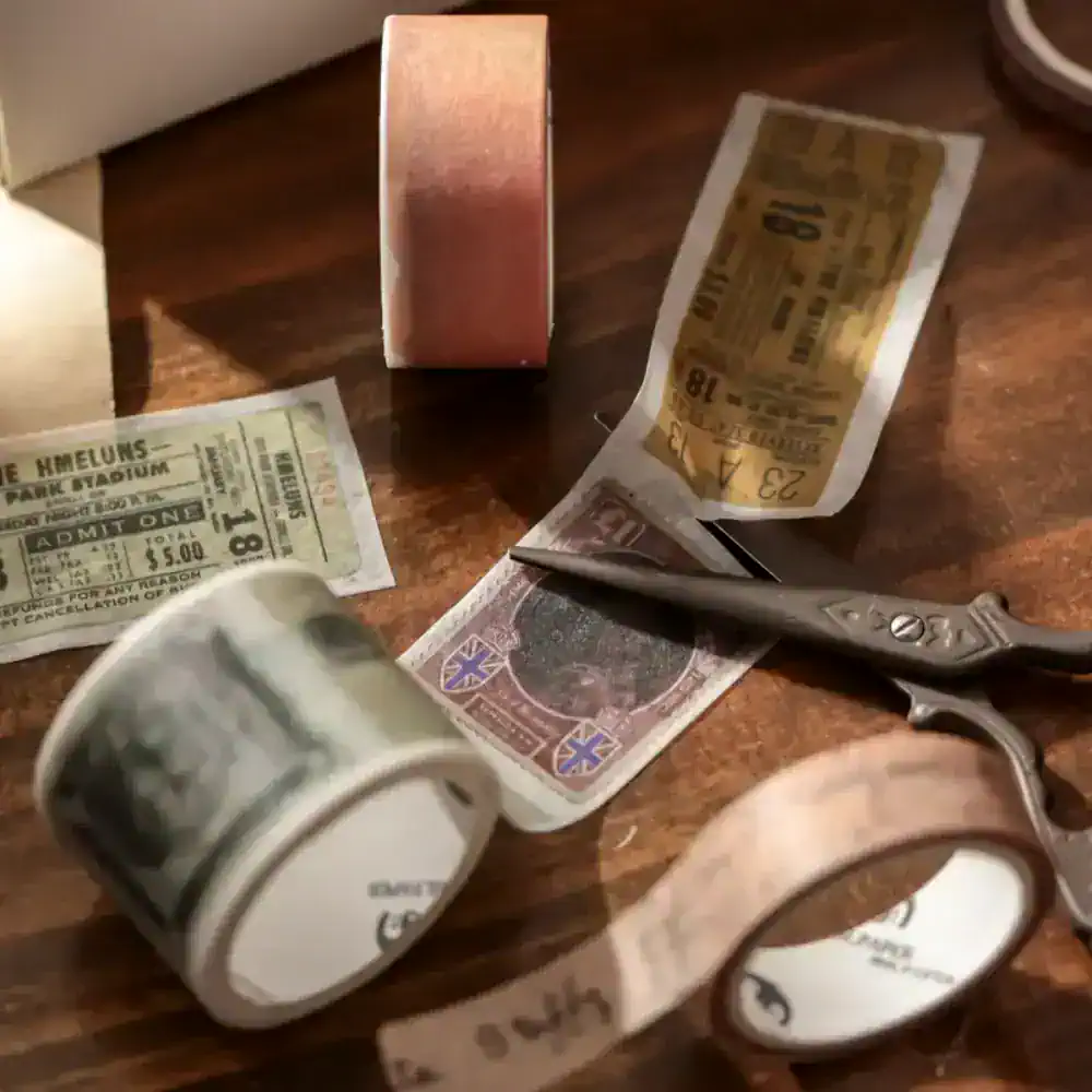 Raw material for cosmetic packaging and branding, including tape, labels, and small containers on wooden surface.