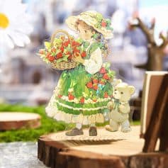 Strawberry girl illustration with teddy bear, colorful garden scene, decorative art piece for Monalisa Store, ideal for gift or home decor, vibrant floral design, charming collectible artwork, floral-themed decorative figurine for children, crafted digital print.