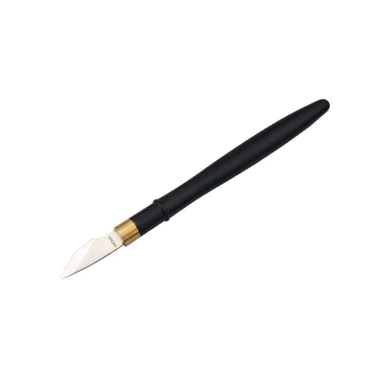 Precision craftsman's carving knife with black handle and gold accent for detailed work.