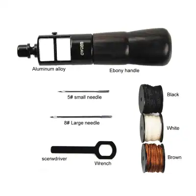 Precision eyeglass repair tool with ebony handle, aluminum alloy body, small and large needles, screwdriver, and spools of different colored threads for optical frame adjustments.