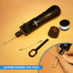 Leather sewing awl tool for leathercraft and upholstery, with interchangeable needles and thread spools, ideal for creating durable leather items and accessories.