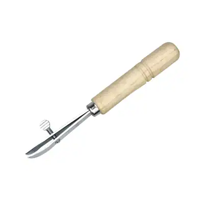 Precision eyelash curler with wooden handle for professional lash enhancement and grooming.